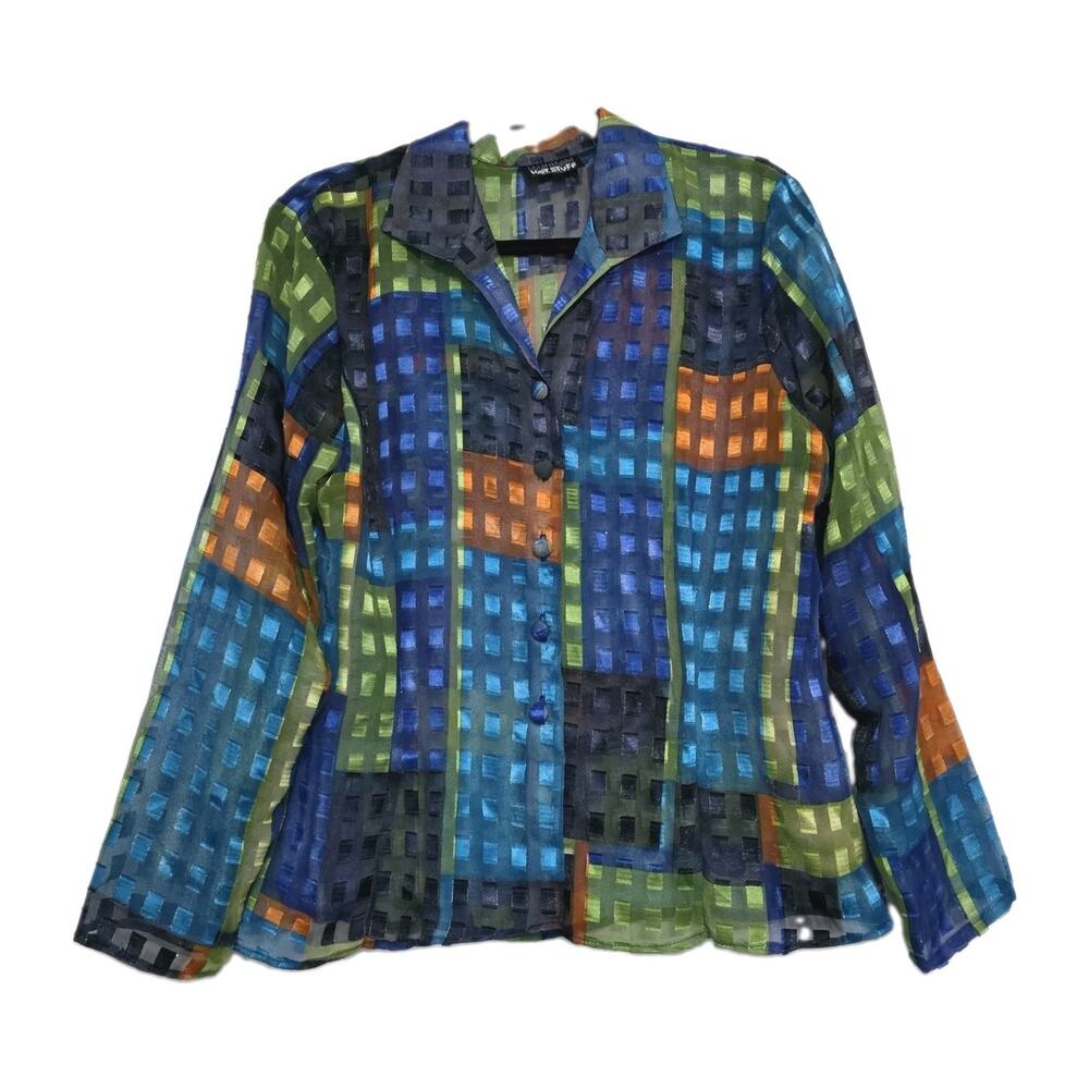 Vintage Geometric Color Block Blouse Womens M Retro Sheer Psychedelic Artsy